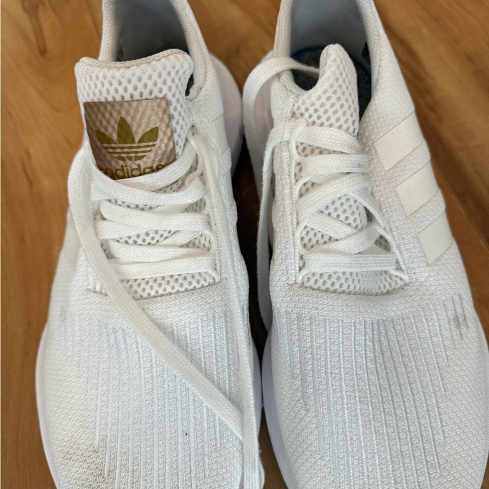 adidas White Knit Sneakers with Gold Trefoil Accent